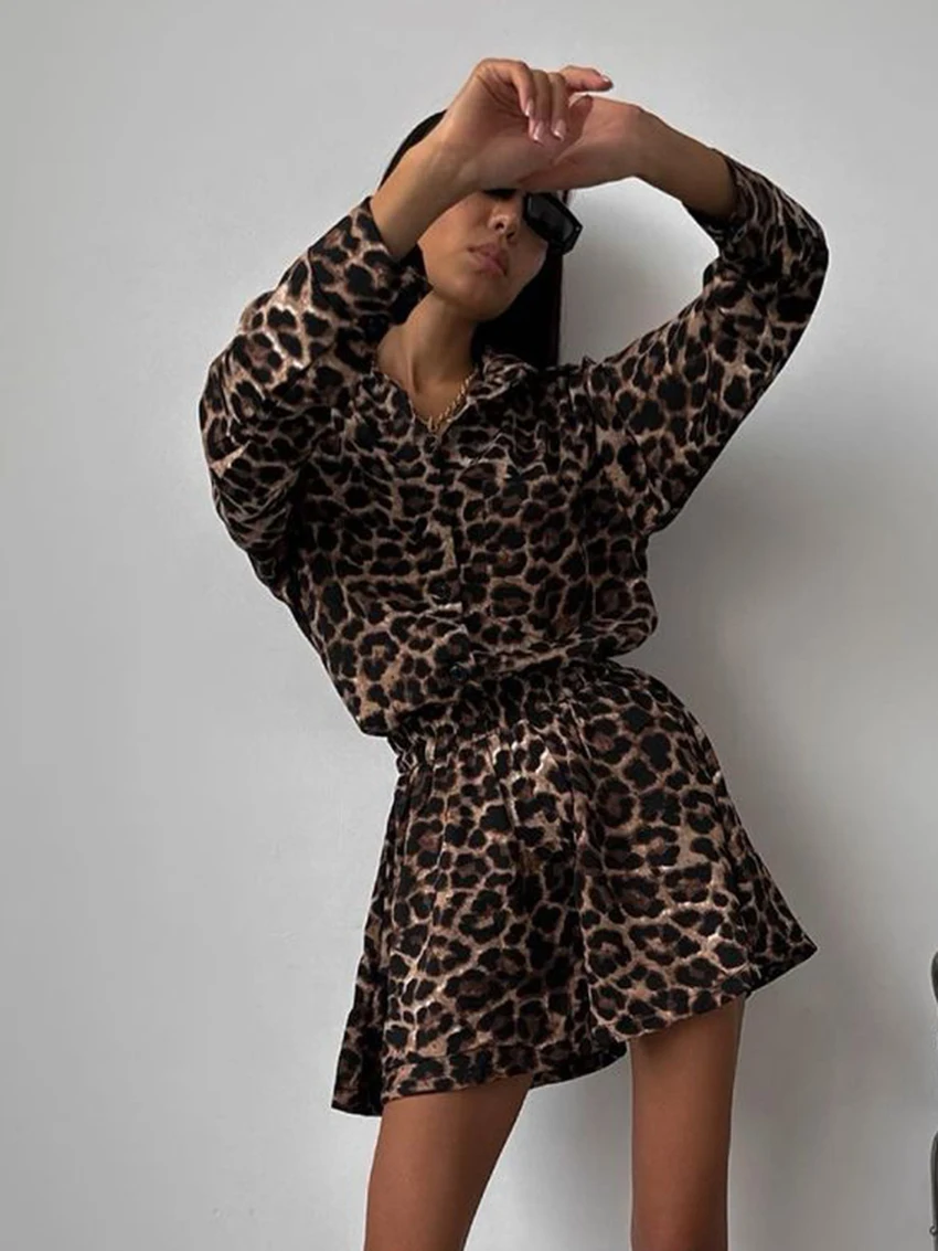 Marthaqiqi Leopard Print Ladies Pajama Set Long Sleeve Nightgowns Turn-Down Collar Nightwear Shorts Casual Female Sleepwear Suit