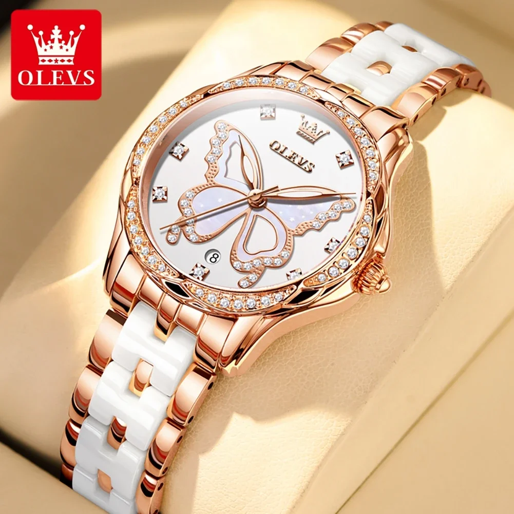 OLEVS, nuevos relojes para mujer, relojes de cuarzo de cerámica de lujo de primeras marcas para mujer, relojes de pulsera con fecha de moda con movimiento importado para mujer