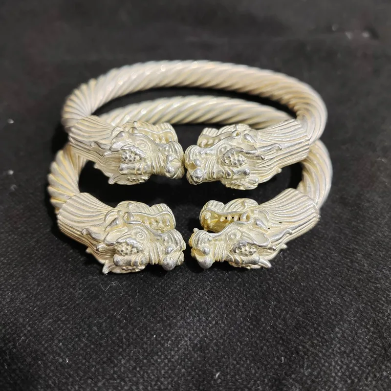 Vintage White Copper Jewelry, Miao Accessories, Tibetan Silver Double Bracelet