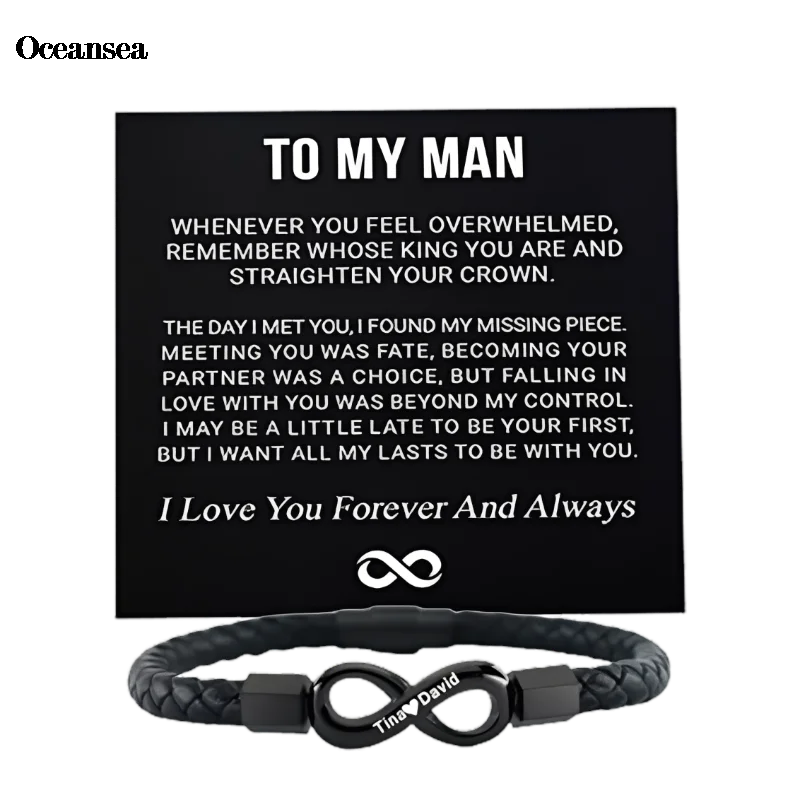 

Мой мужчина, персонализированный кожаный браслет с двумя именами бесконечности, браслет из нержавеющей стали, подарки на день Святого Валентина, Рождество для него