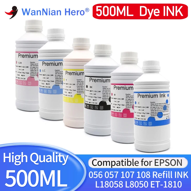 500ML 056 057 Refill Dye Ink for Epson Expression Photo L18058 L8050 ET-18100 Printer INK 107 108