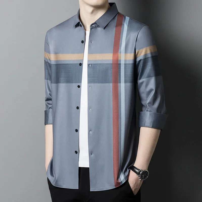 

New Arrival Plaid Men's Dress Shirts Luxury Long Sleeve Spring Autumn Single Breasted Business Casual Seamless Male Shirts 4XL