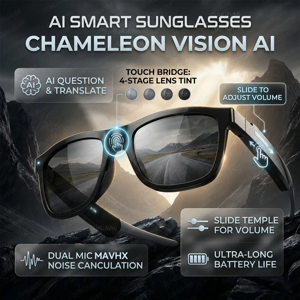 Новые умные солнцезащитные очки 2026 Pro с Bluetooth, голосовым помощником AI, переводом, HD-аудио, двойным микрофоном ENC, сенсорным управлением, изменением цвета, IP65, оправа TR90