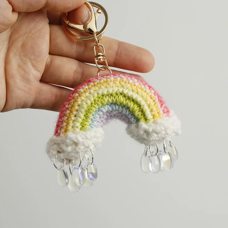 Handmade Charming Crochet Rainbow raindrops Keychain, Cute Handmade Plush Figure for Car and Bag