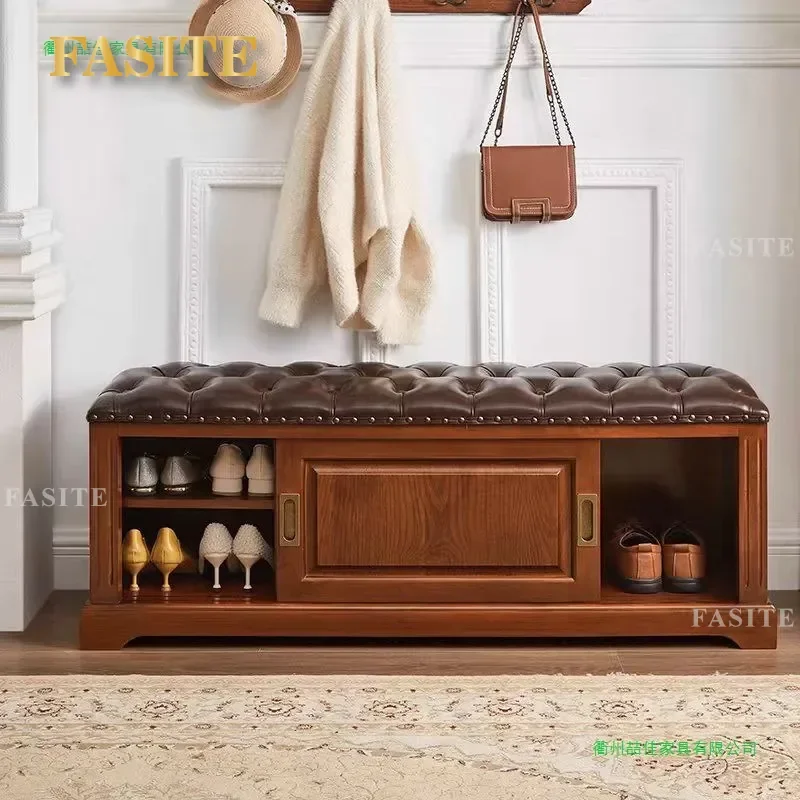 For American Solid Wood Shoe Change Stool European Home Living Room Entrance Shoe Cabinet Rack Multi-functional Storage Bench