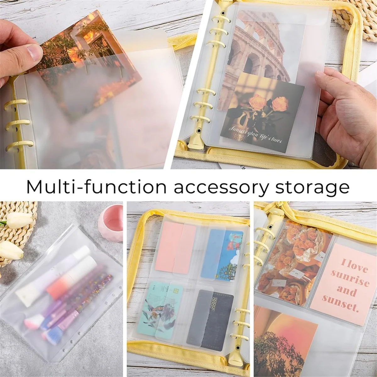 مجموعة جيب ABGV A5، 12 قطعة 6 فتحات غلاف مقاوم للماء من مادة PVC فضفاضة على شكل أوراق شجر شفافة وحقيبة مستندات بسحاب