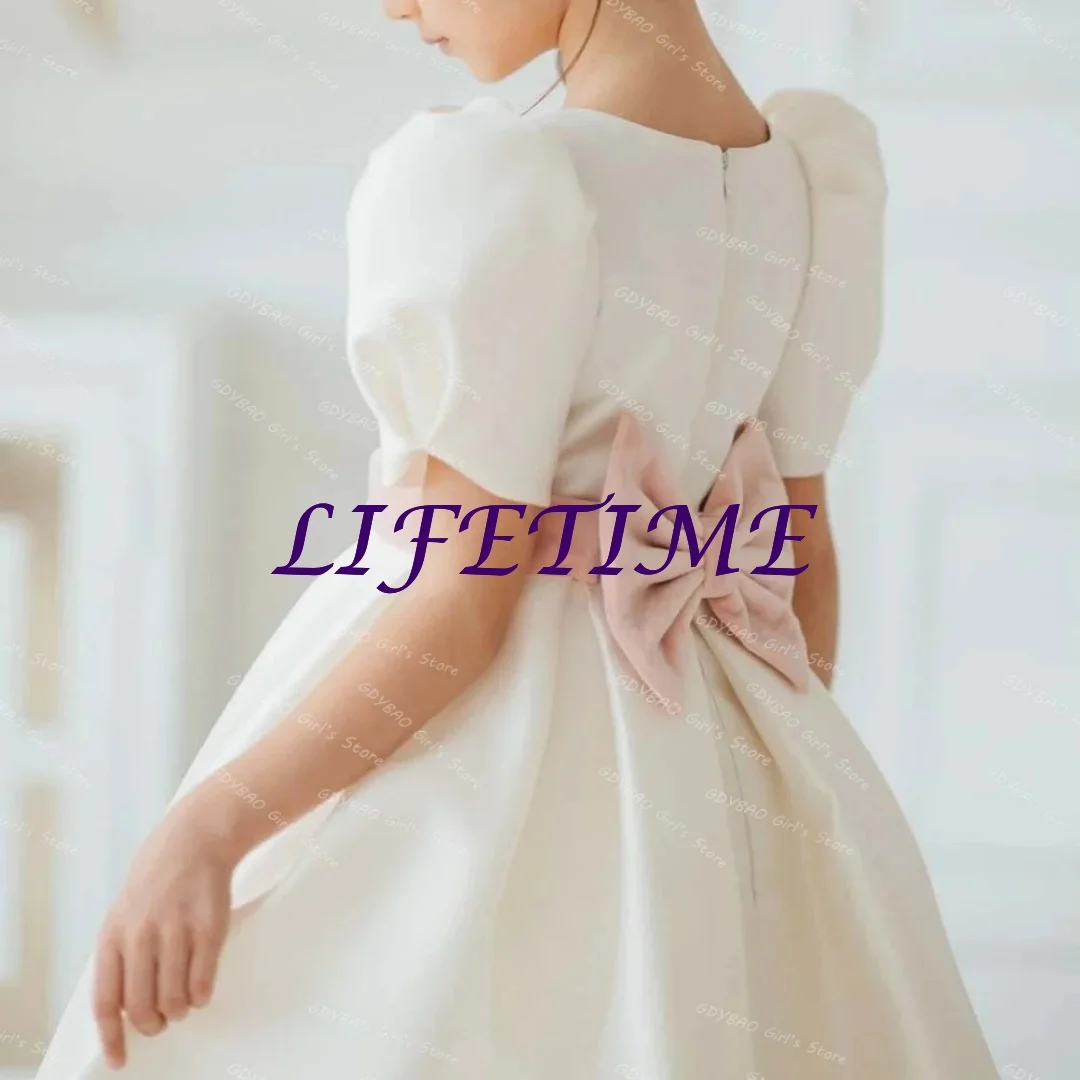 Customized Tea Length Flower Girl Dress for Wedding Party Toddlers O Neck Short Sleeve Pageant Birthday Dress With Bow Sashes
