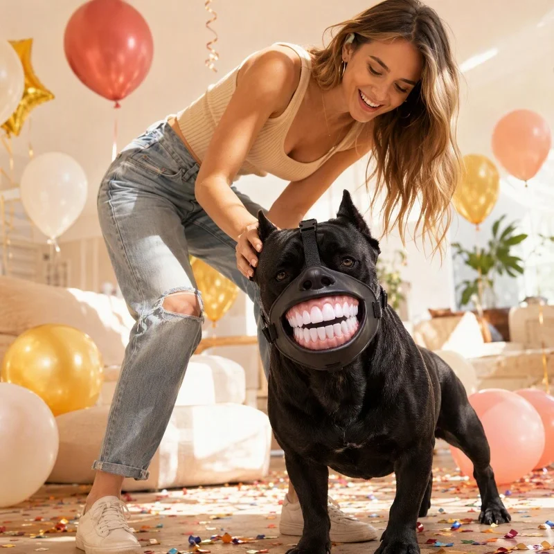 Funny Pet Muzzle, Simulation Human Grinning Teeth Adjustable Breathable Dog Mouth Cover