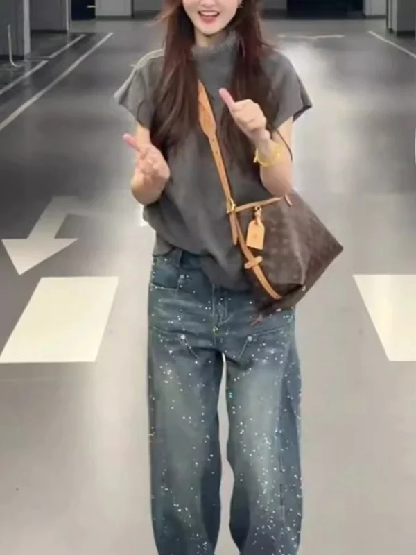 Injet lantejoulas embelezadas pesadas du denim jeans feminino casual perna larga até o chão calças de cintura alta perna reta jeans