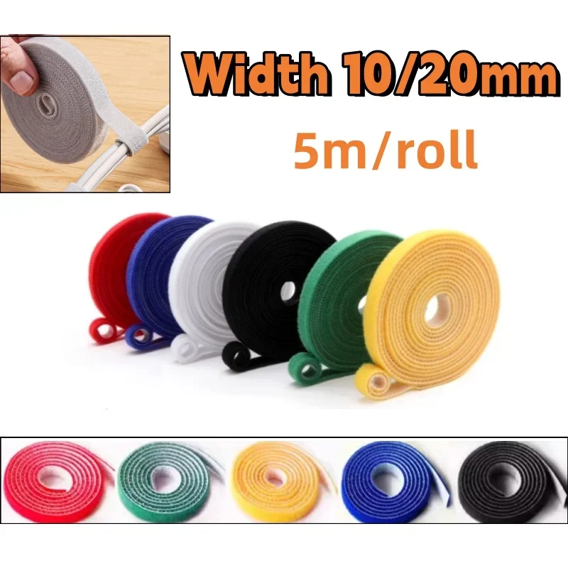 5m/roll Cable Ties Width 10/20mm Cable Straps with Double Side Hook Straps Wire Management Loop Bundle Self Adhesive Fastener