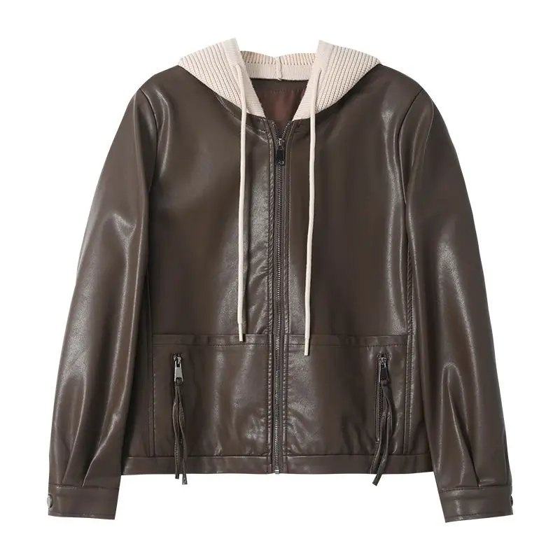 2025 Nuova Primavera Autunno Chic Giacche di pelle Capispalla corto Moda donna Cuciture Giacca di pelle con cappuccio allentata Top
