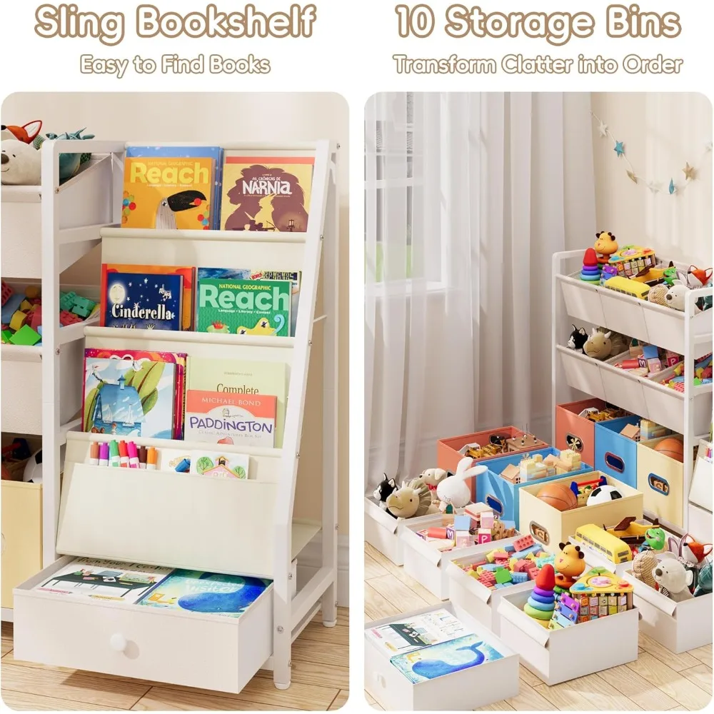 منظم كتب ولعبة للأطفال على طراز مونتيسوري مع 3 أرفف و10 صناديق لغرفة اللعب