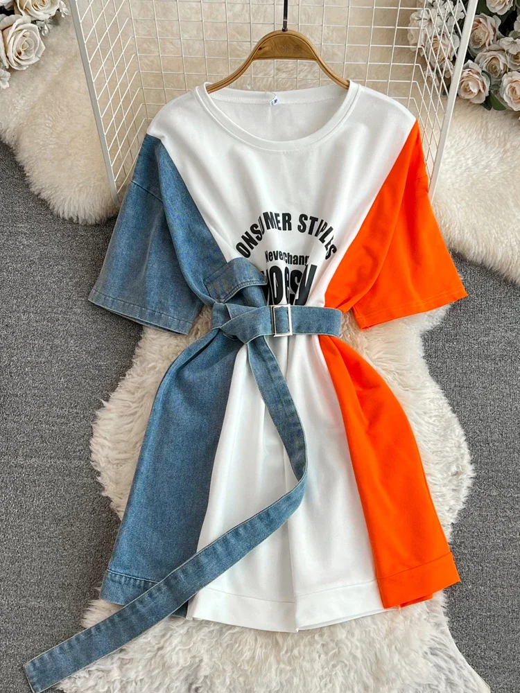 Denim Print Patchwork T-shirt Skirt for Women's 2024 Summer New Round Neck Waist Slimming A-line Dress