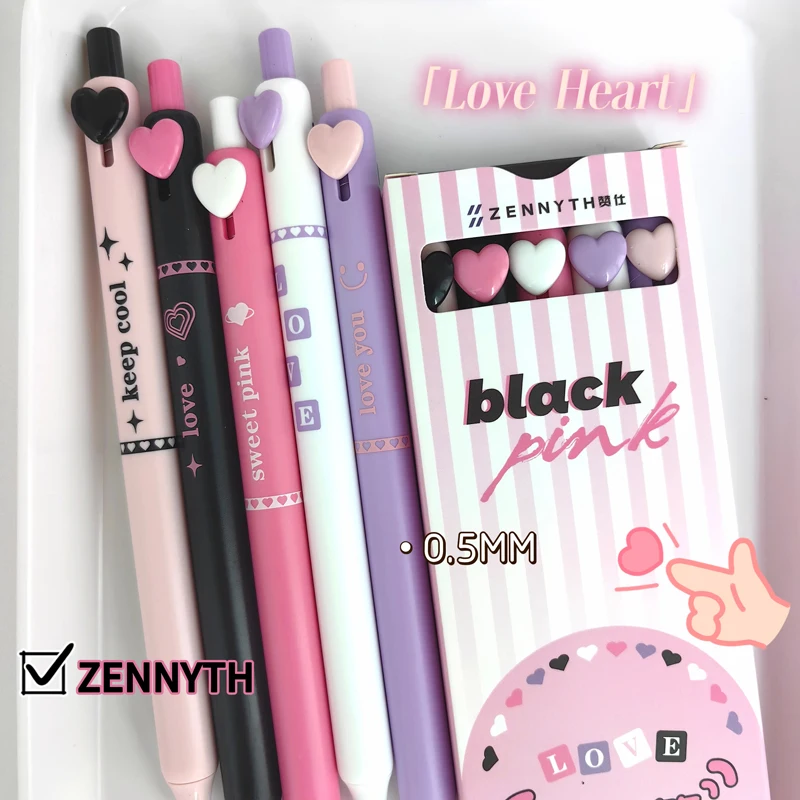 5PCS/Set Love Heart Gel Pen For Students Button Gel Ink Pen 0.5MM Black Refill Writing Pen Quick Dry Neutral Pen School Supply