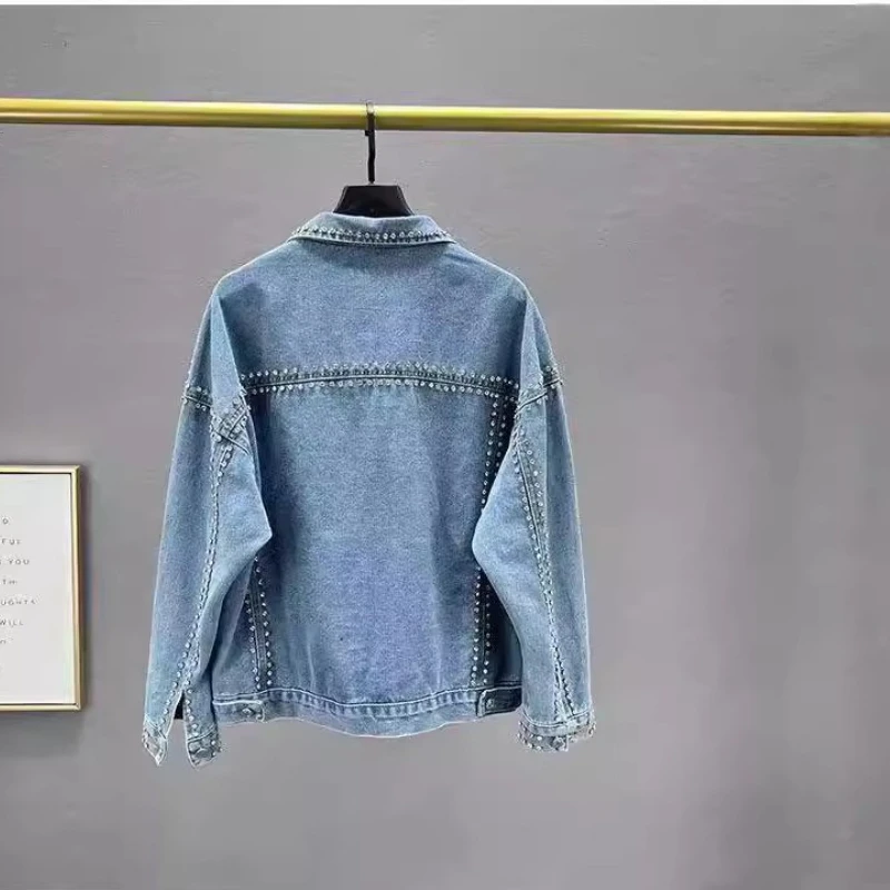 Rhinestone Beading Denim Jacket for Women Fashionable High Street Autumn Jackets Loose Lapel Female Shiny Coat 2025 New