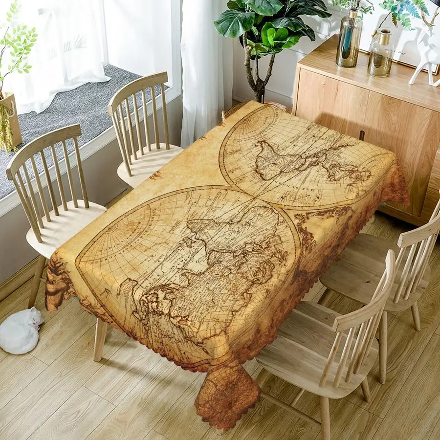 Old World Map Tablecloth Vintage World Map Earth Global Geography Rectangular Table Cloth Washable Wrinkle Resistant Table Cover