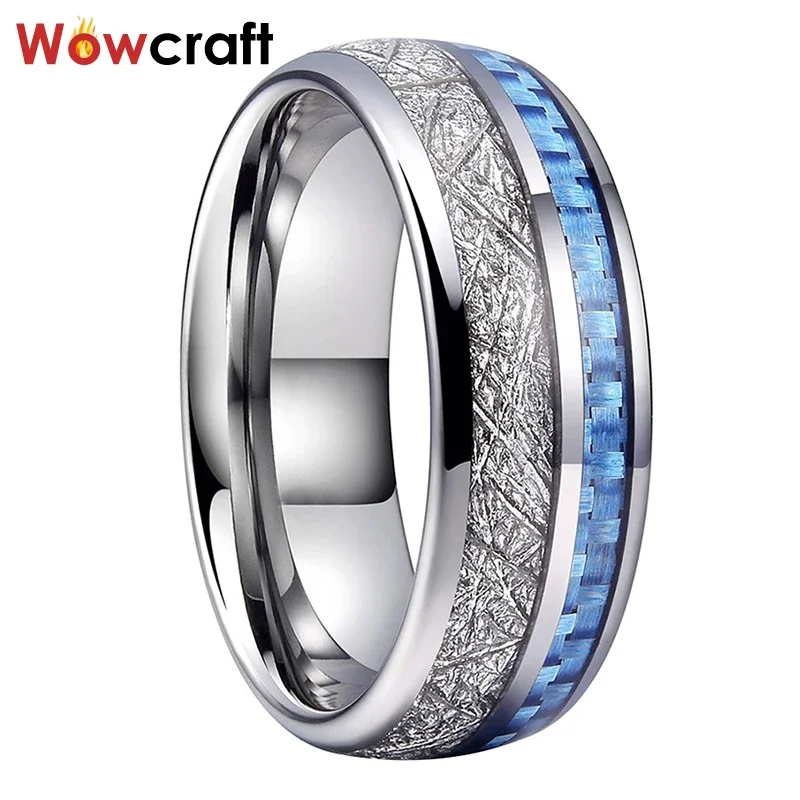 Tungsten Carbide Ring for Men Women Wedding Band Light Blue Carbon Fiber Meteorite Inlay Polished Shiny Comfort Fit