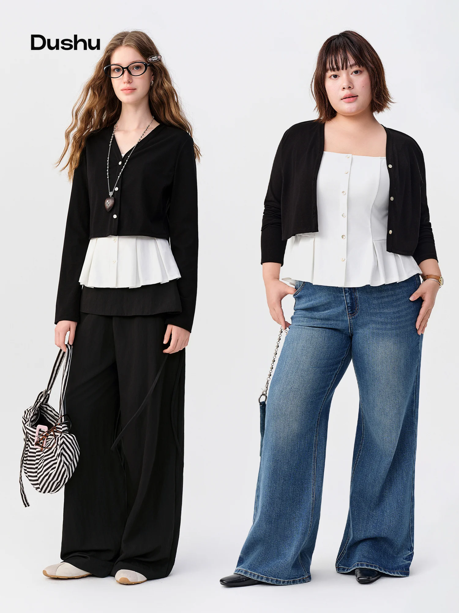 DUSHU 2026 Fall New Women's Black White Color Block Sweet Fake Two-Piece Knit Cardigan Fashionable Top Available Multiple Sizes