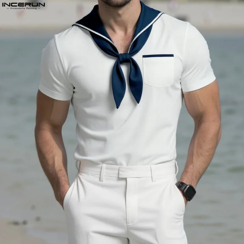 Men T Shirt Patchwork Summer Navy Collar Short Sleeve Male Tee Tops Streetwear 2025 INCERUN Pockets Fashion Casual Men Clothing