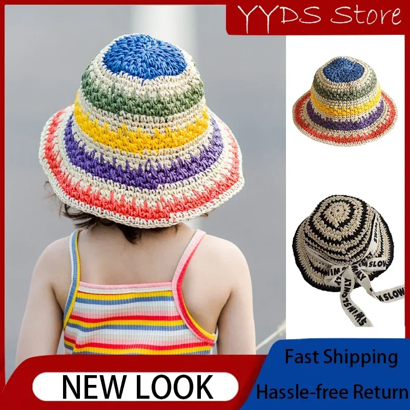 

Summer Parent-child Style Straw Striped Fisherman Hat Personalized Color Blocking Sunscreen Hat Children Vacation Beach Hat