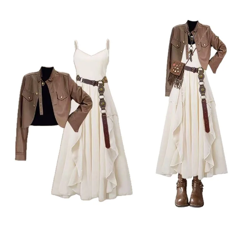 ชุดแฟชั่นผู้หญิง ฤดูใบไม้ผลิและฤดูใบไม้ร่วง แจ็คเก็ตหนัง Meilad รุ่นใหม่ ชุดเดรสสายเดี่ยวแฟชั่น ชุดสองชิ้น