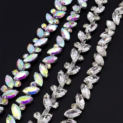 Fashion Leaf Ribbon Trim Rhinestone Metal Chain Shiny Crystal Chain Silver Plated Sewing Applique Decorative Wedding Accessory