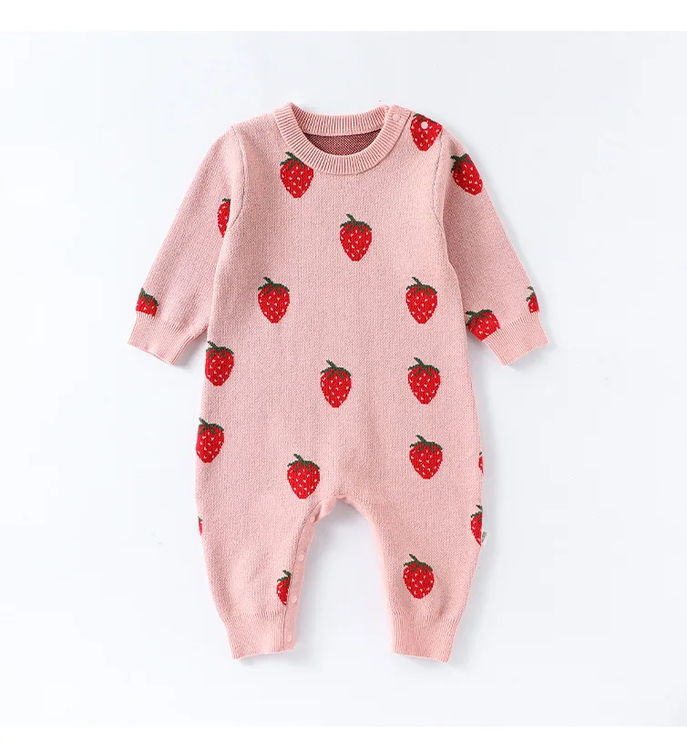 الرضع طفل الفتيات وزرة الخريف الفراولة التطريز الحياكة طفل الفتيات Remper عارضة الوليد الفتيات طويلة الأكمام بذلة