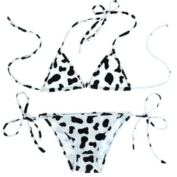 Womens 2 Piece Cute Milk Cow Print Tie Side Bikini Sets Japanese Anime Underwear