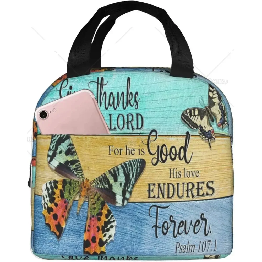 

Butterfly Flower Insulated Lunch Bag Women Bible Quote Christian Verse Faith Adult Lunch Box for Work Picnic Travel Cooler Bag