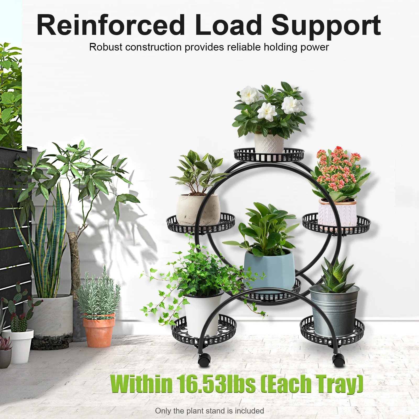 

Modern Iron Plant Stand with 6 Trays & 4 Wheels, 4-Tier Black Flower Shelf for Indoor Outdoor Use, Freestanding Garden Rack