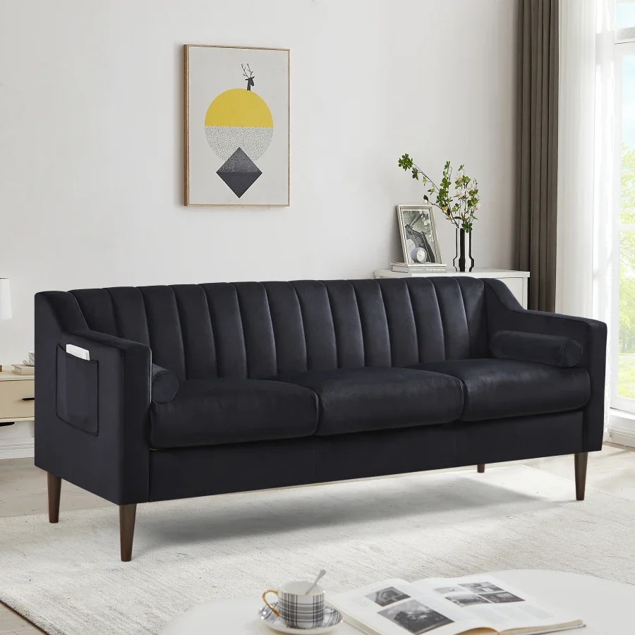 Nowoczesna rozkładana sofa Chesterfield, wygodna tapicerowana sofa z aksamitną tkaniną, drewnianą ramą i drewnianymi nogami do salonu/B