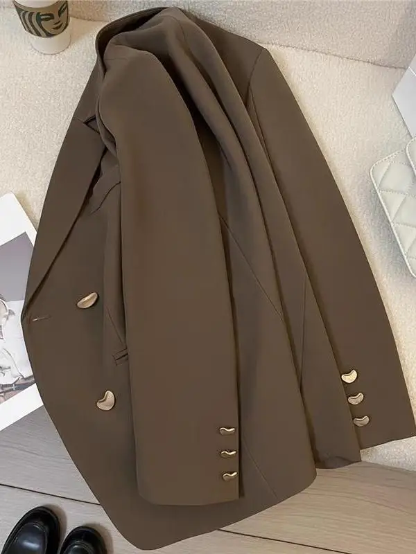 

Autumn 2025 New Sle Small Size Women's Casual Vintage Coffee Color Suit Jaet Ele Lady Sle Long Sve Office Wear