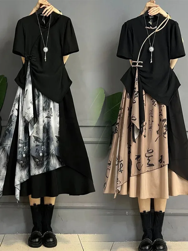 

plus Size Faion Casual ort Sve Dr Set Summer New Sle Slimming Meat Covering A-Line Skirt Cotton Polyester Blend
