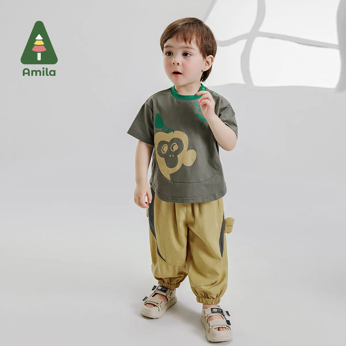 Amila 2024 Summer New Baby Boys Set Cartoon Monkey Print cotton Short sleeve + Pants Children's Clothing 0-6Y