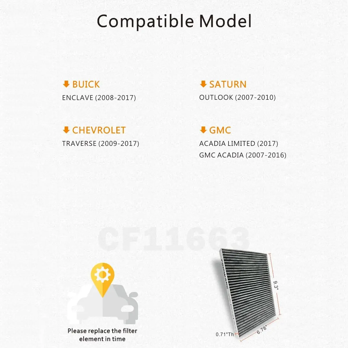 فلتر هواء المقصورة CF11663 من الكربون المنشط متوافق مع Buick Enclave 2008-2017، شيفروليه ترافيرس 2009-2017، جي إم سي أكاديا/أكاد