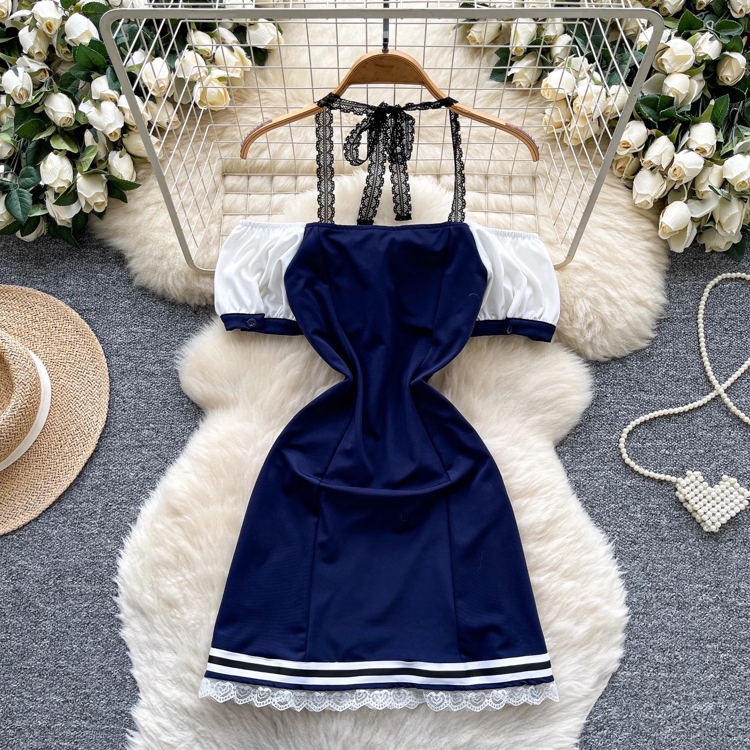 Chic vintage slash neck halter slim Elegante fata moda coreana Boho Sundress abbigliamento donna