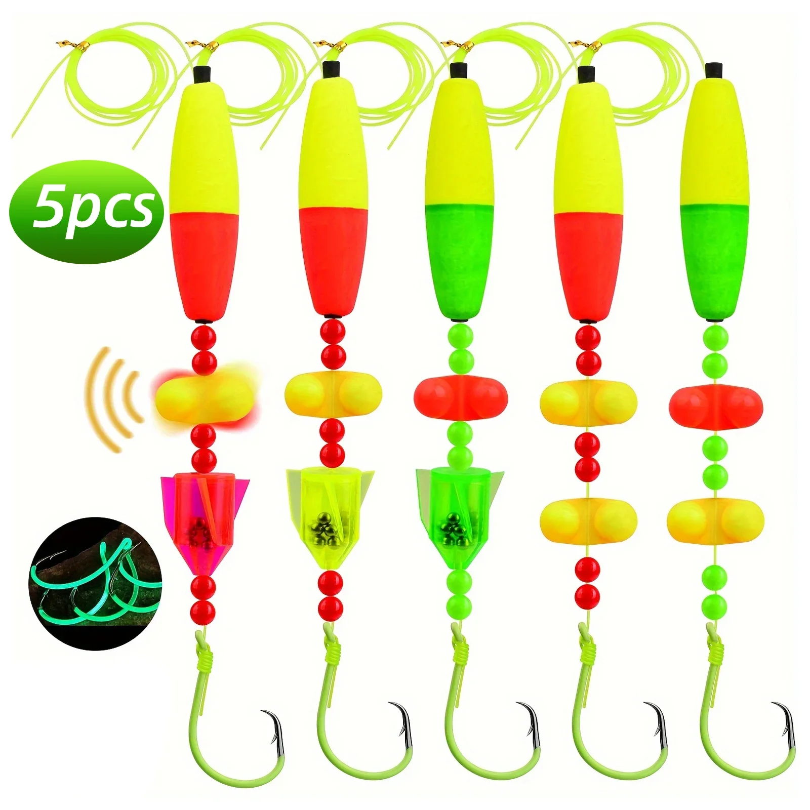 Catfish Rigs With Luminous Circle Hooks Stainless Steel Rotating Rattles Foam Float Bell Indicator Catfish Fishing Float Rig