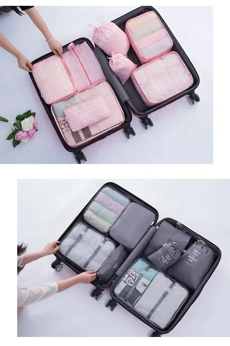 7Pcs Suitcase Packing Cubes Travel Organizer Storage Bags Cases Portable Luggage Clothes Shoe Tidy Pouch Fold