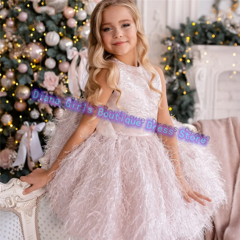 Lovely Christmas Delicate Quality Feather Applique Little Princess Flower Girl Dress Wedding Dresses Birthday Party Ball Gowns