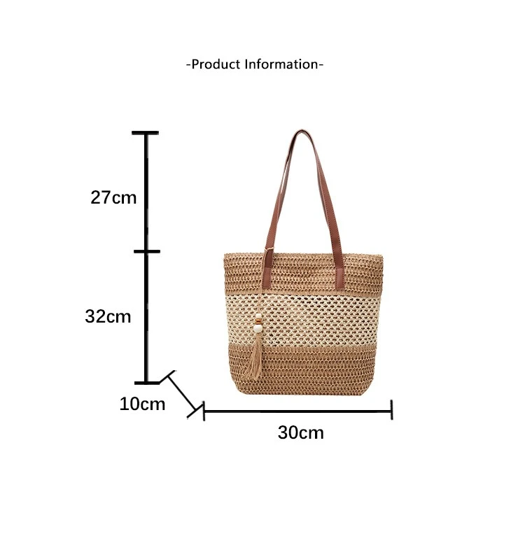 Women Straw Woven Tote Bag Large Capacity Beach Vacation Shoulder Bag Boho Country Style Casual Commute Handbag for Summer Use