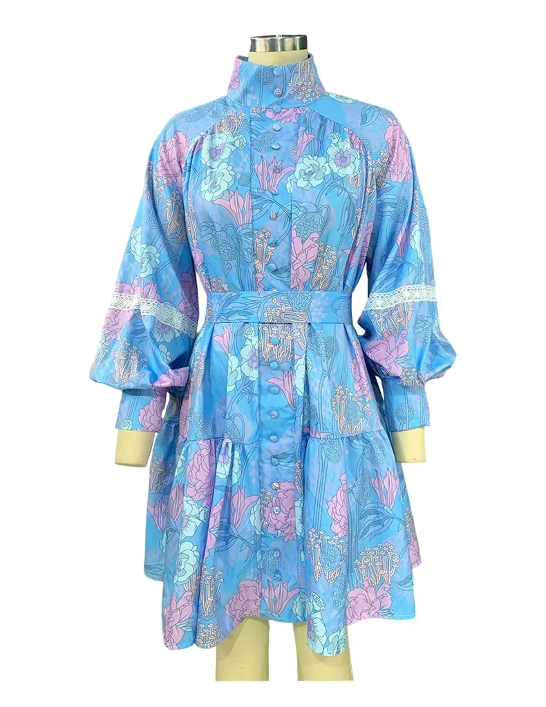 Robe bohème à lacets imprimée élégante pour femme, manches bouffantes, taille haute, col montant, boutons, robes rétro, fête de la mode, éducatif, automne