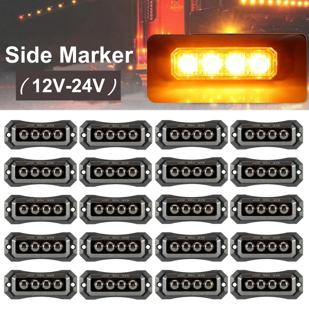 

20 шт. 4 светодиодные боковые фонари для прицепа, темные дымчатые линзы, боковые фонари для грузовиков, светодиодные габаритные огни для грузовиков 12 В 24 В