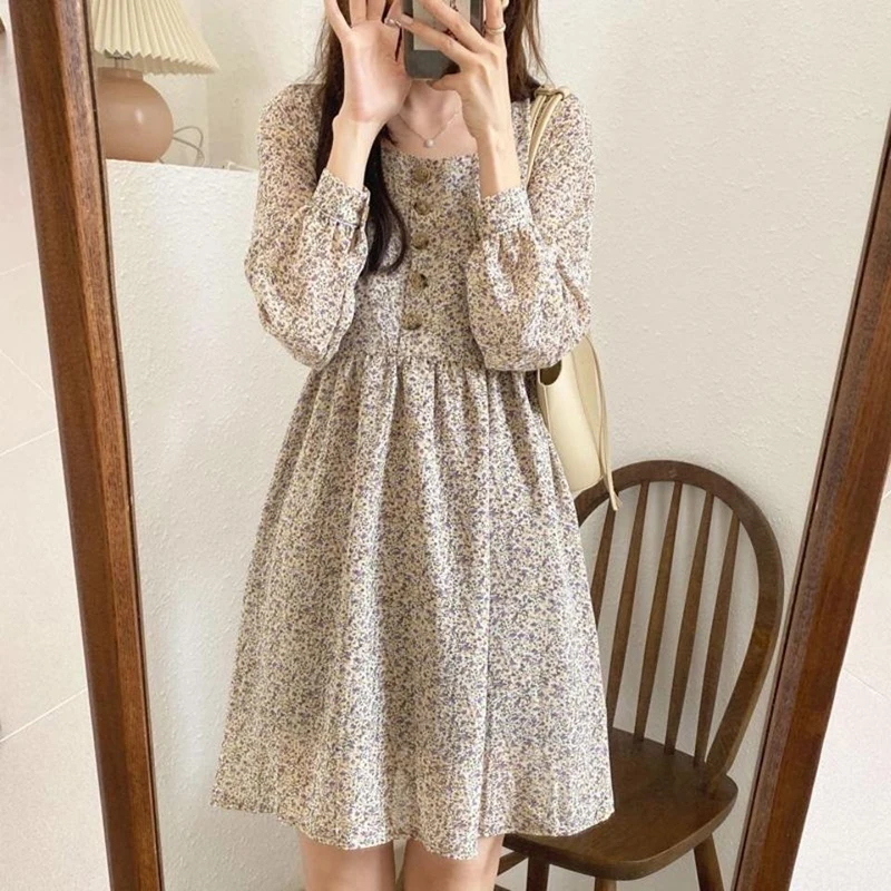 French Vintage Floral Dresses Women Sweet Romantic Young Ins Long Sleeve Dress