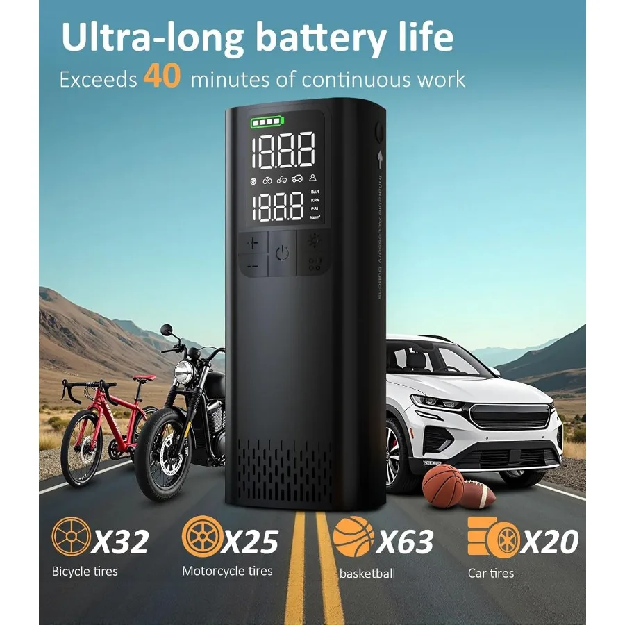 Compressore d'aria portatile per gonfiatore di pneumatici per auto 0,8 minuti Gonfiaggio completo fino a 160 PSI con manometro digitale TypeC Ricarica C