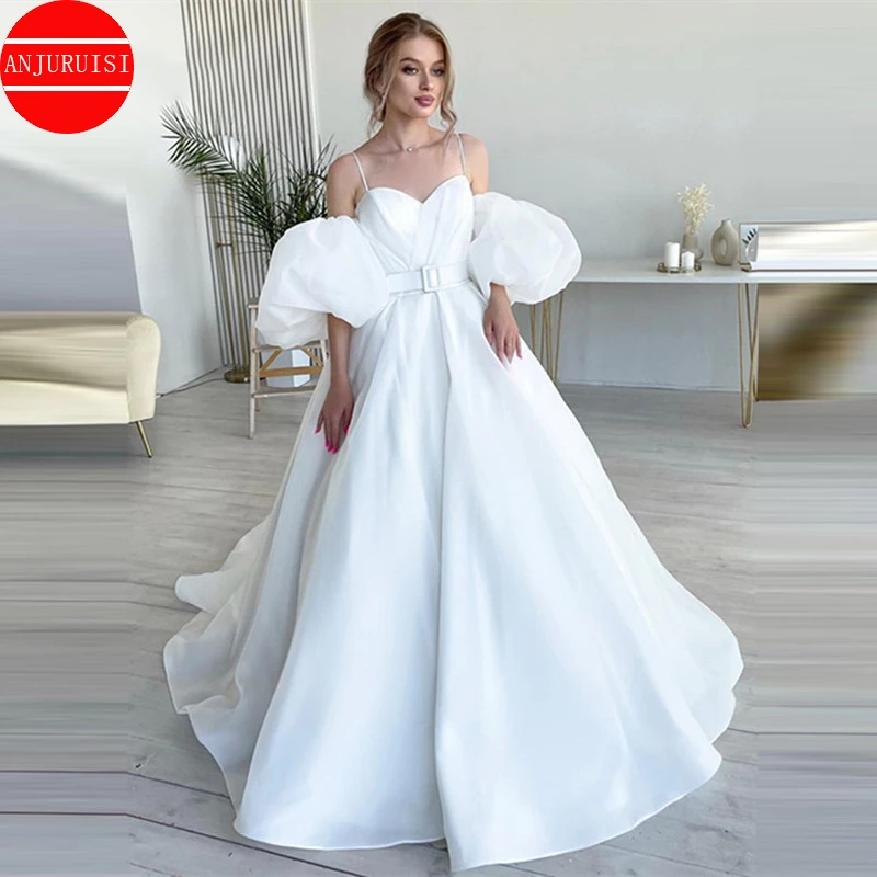 

Puff Sleeves Spaghetti Straps Wedding Dress A Line Soft Satin Vestido De Novia 2022 Bride Gown Robe Mariage Trouwjurk With Belt