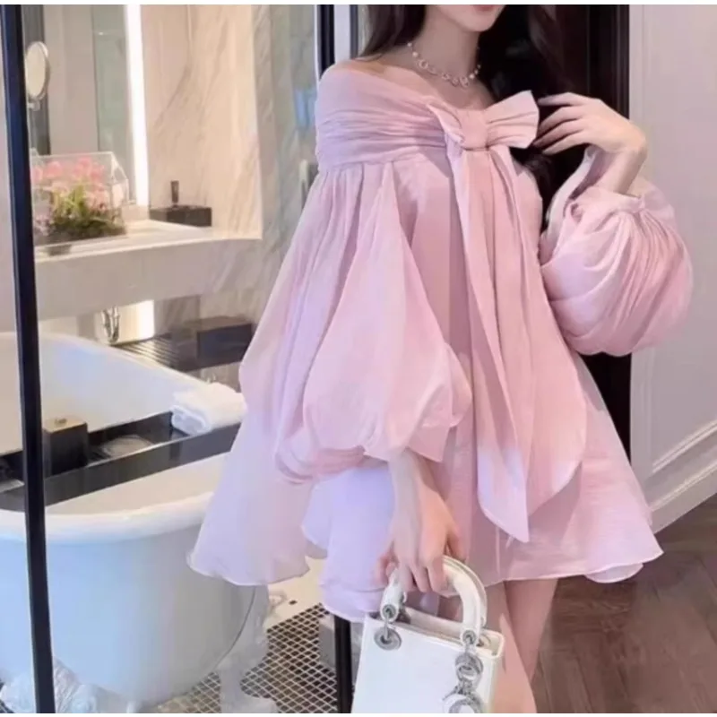 

Summer 2024, high quality, women's sweet fashion dress, puffy sleeve gown, loose A-line skirt with bow tie, women's wear