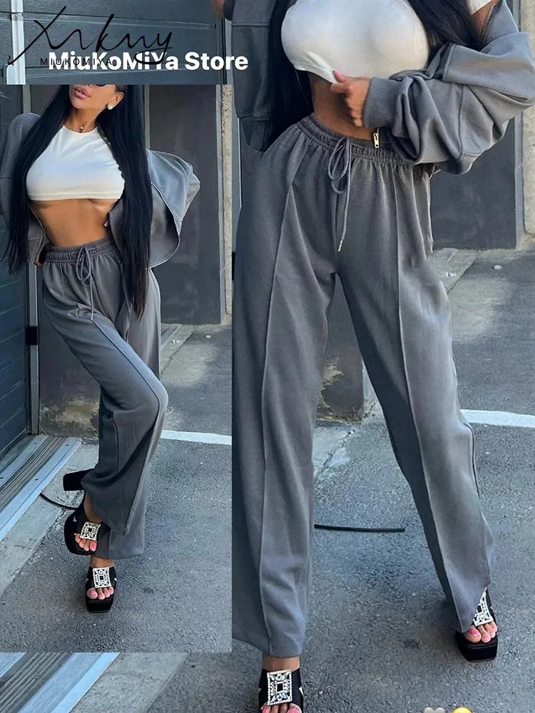 Gray Straight Pants Two Pieces Sets Women Outfit Long Sweatpants Street Wear Zipper Jacket Track Suits Sweatshirt Sets For Women