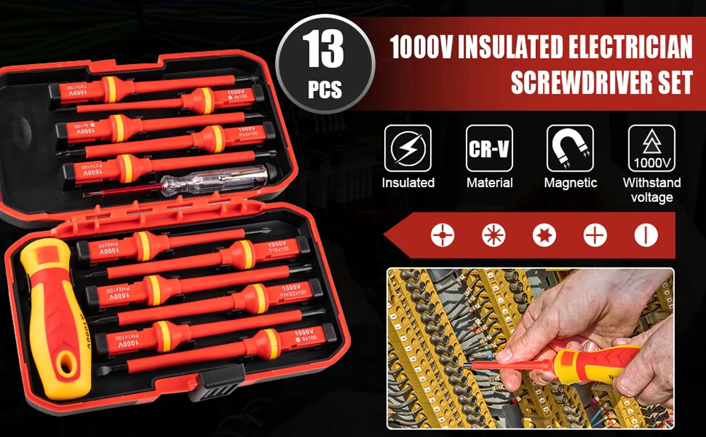13/9-teiliges 1000V Isoliertes Schraubendreher-Set S2-Stahl Magnetische Spitzen PP+TPR-Griff für Elektriker-Reparaturwerkzeuge & Industrielle Anwendungen – Detail 9