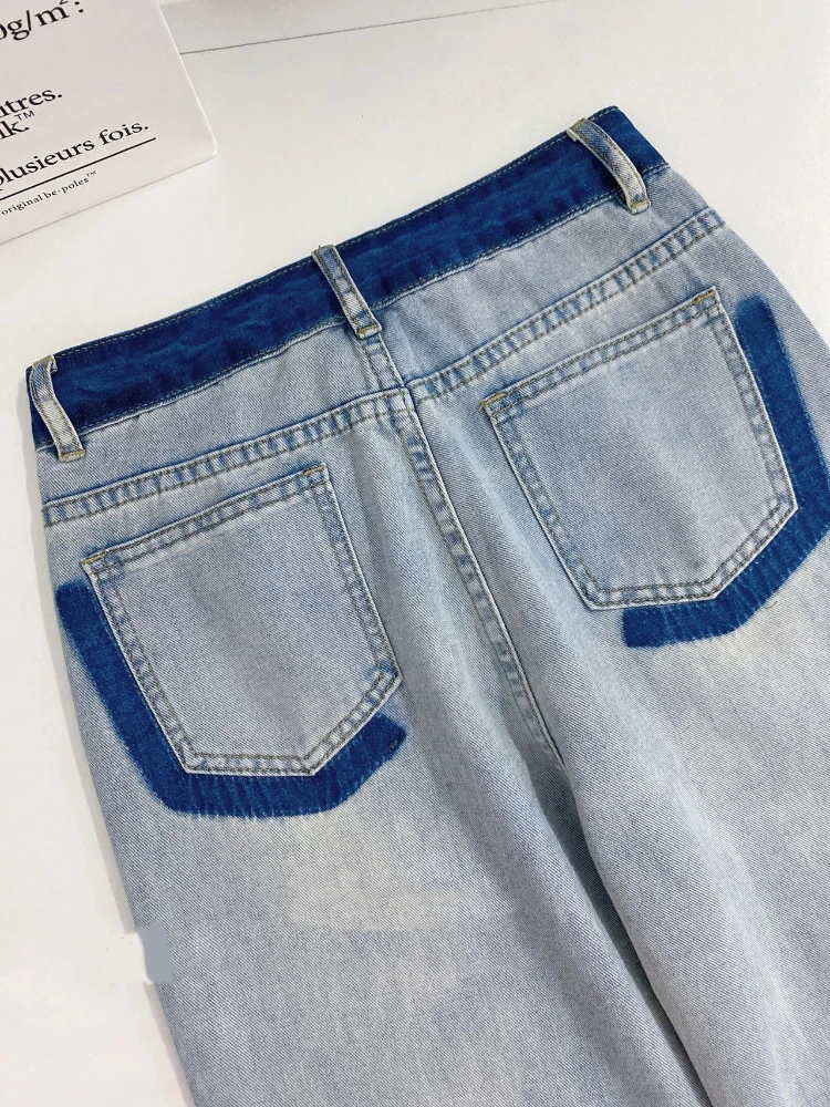 秋冬の女性向けデザインセンス抜群のカラーブロックレトロハイウエストジーンズ、スリムなワイドレッグストレートパンツ