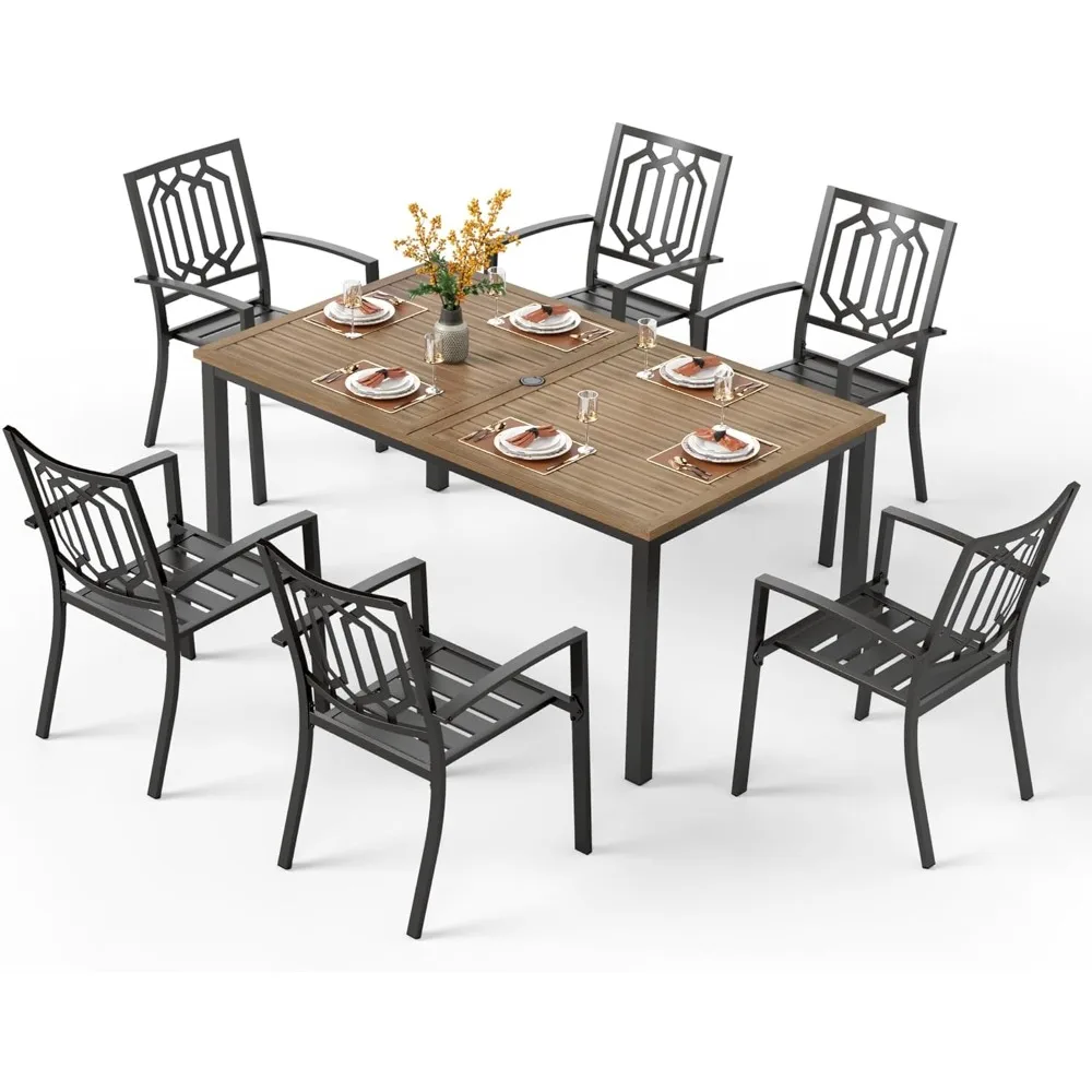 

Outdoor Table & Chairs Wrought Iron Patio Furniture 7 Piece, Large Dining with Umbrella Hole 6 Backyard Garden Support 300LBS f